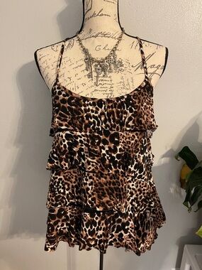 Pout Leopard Print Tiered Tank Top Lace Back Camisole Small